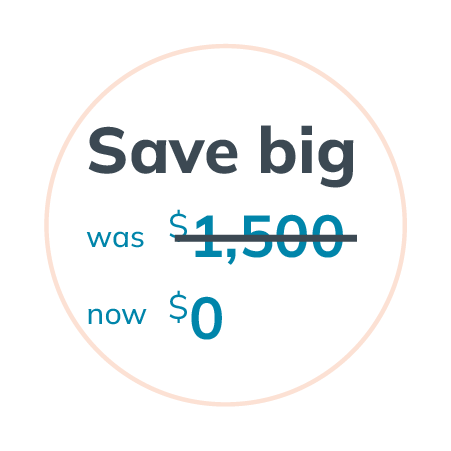 a white circle with the words save big was $ 150 now $ 0