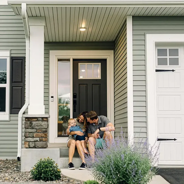 Two adults sit with a baby on the front steps of a home with sage green siding and a covered porch